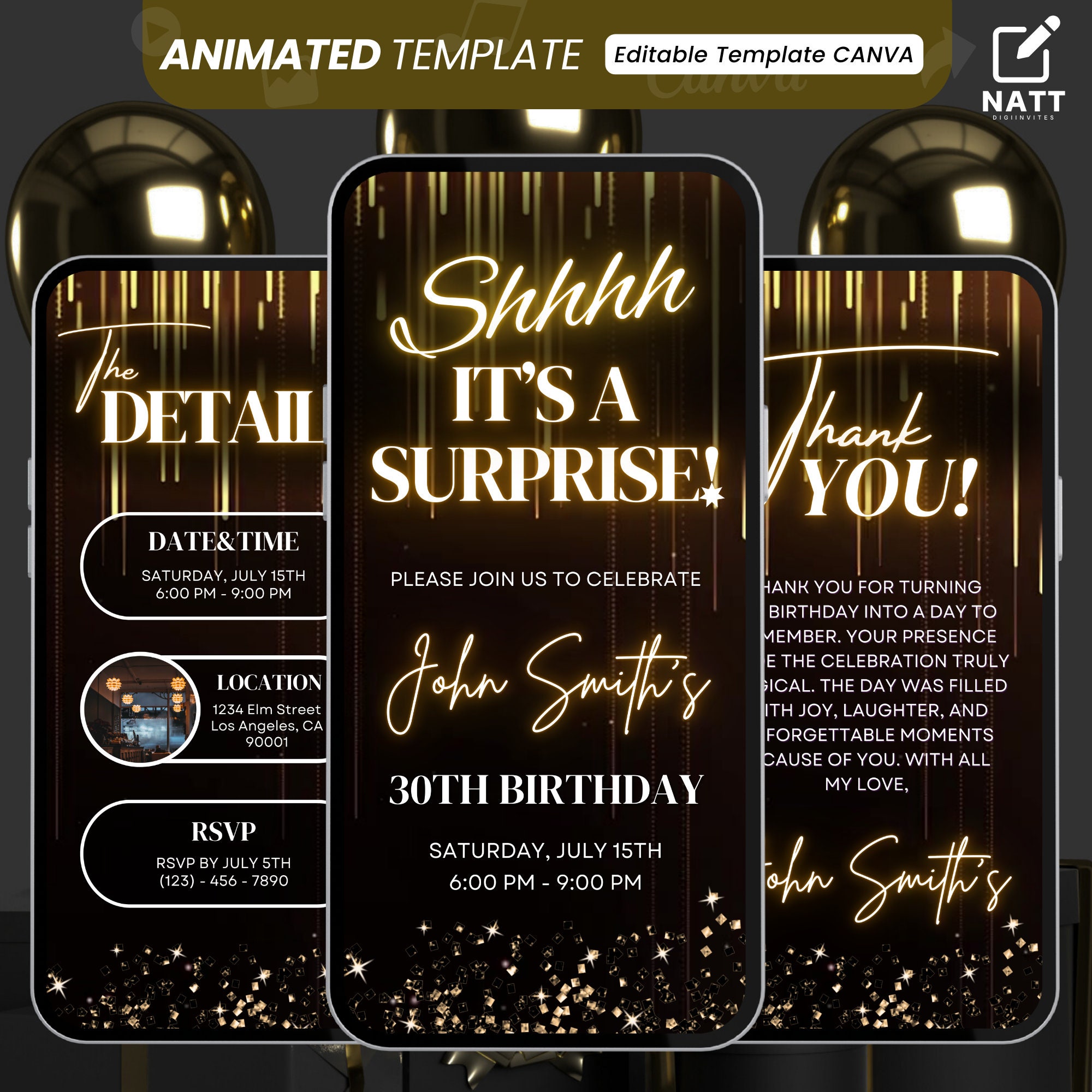 "Invito di compleanno a sorpresa animato, modello Canva modificabile, invito digitale per festa a sorpresa \"Shhh\", invito di compleanno a sorpresa mode"