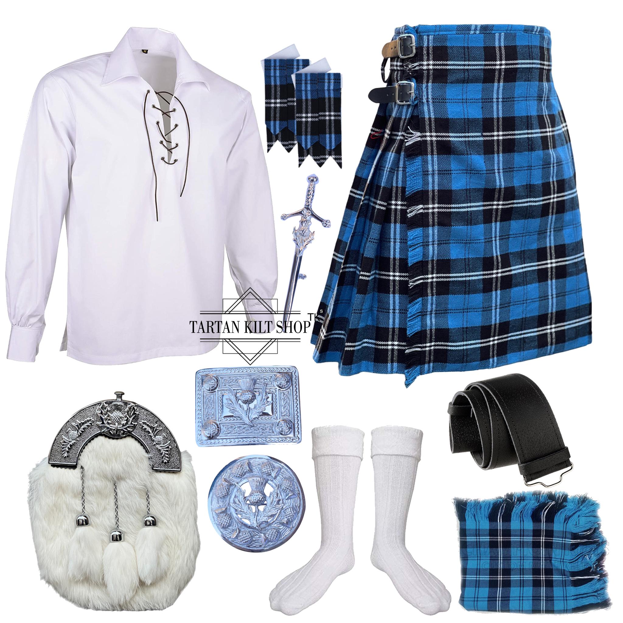 Completo da uomo scozzese con 10 pezzi e kilt Sporran in pelliccia di cardo. Set tradizionale di kilt delle Highlands. Disponibile in oltre 50 tartan.