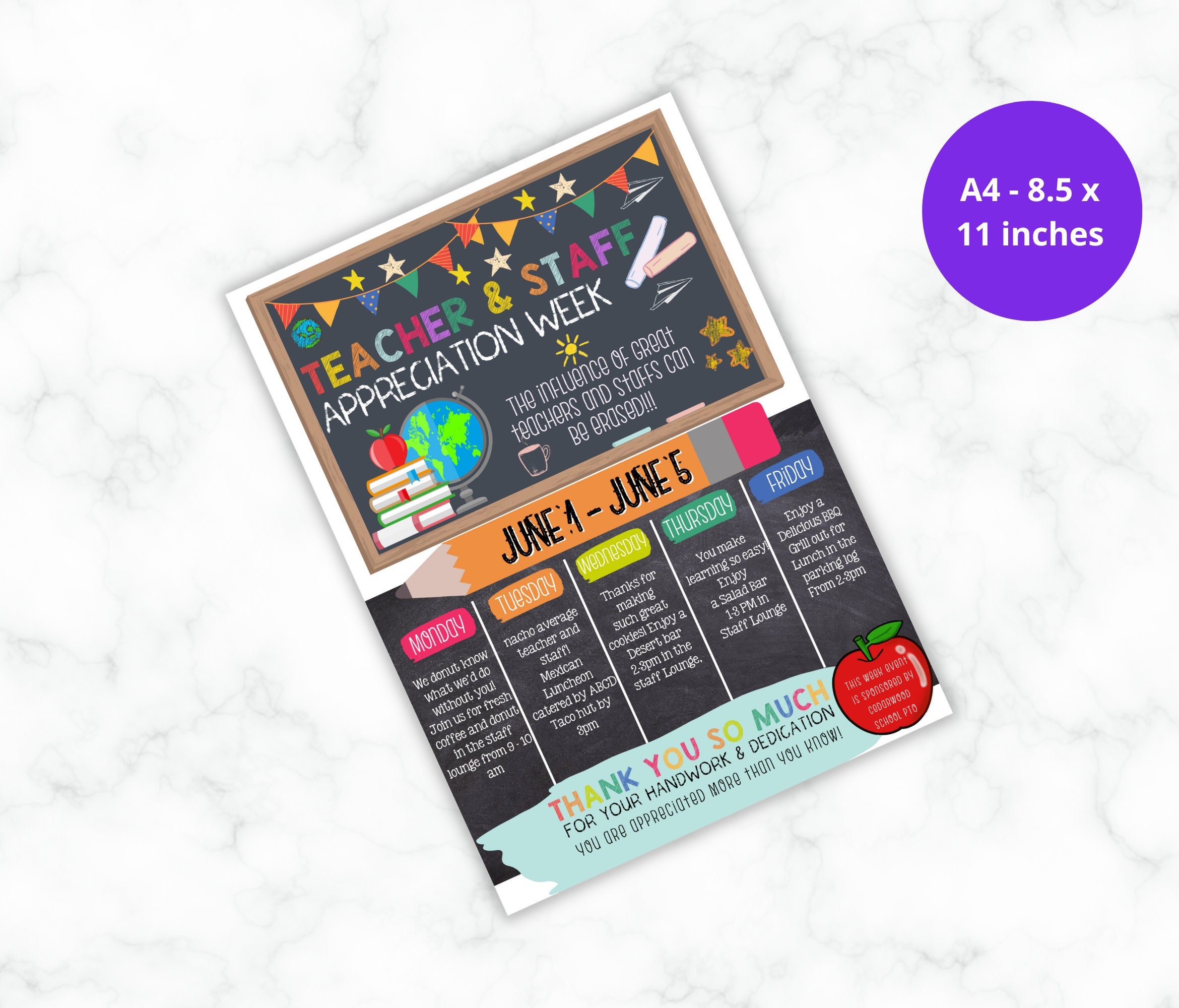 Invito per il personale di apprezzamento degli insegnanti, poster modificabile per il pranzo scolastico, newsletter per la famiglia, settimana scolast