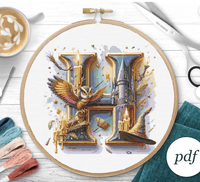 Schema punto croce lettera H alfabeto ricamo lettere magiche bambino punto croce lettera H punto X iniziali, monogramma ricamo regalo di nascita