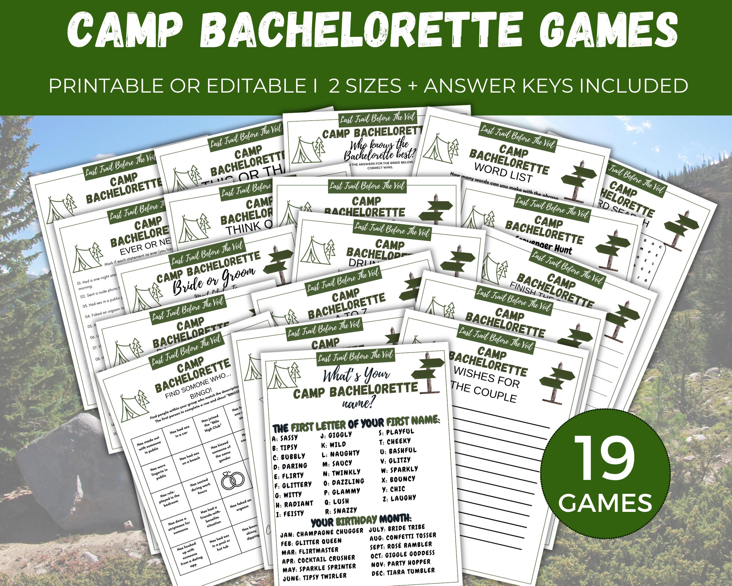 Pacchetto di giochi per l'addio al nubilato in campeggio, 19 giochi per l'addio al nubilato stampabili o modificabili, giochi per l'addio al nubilato,