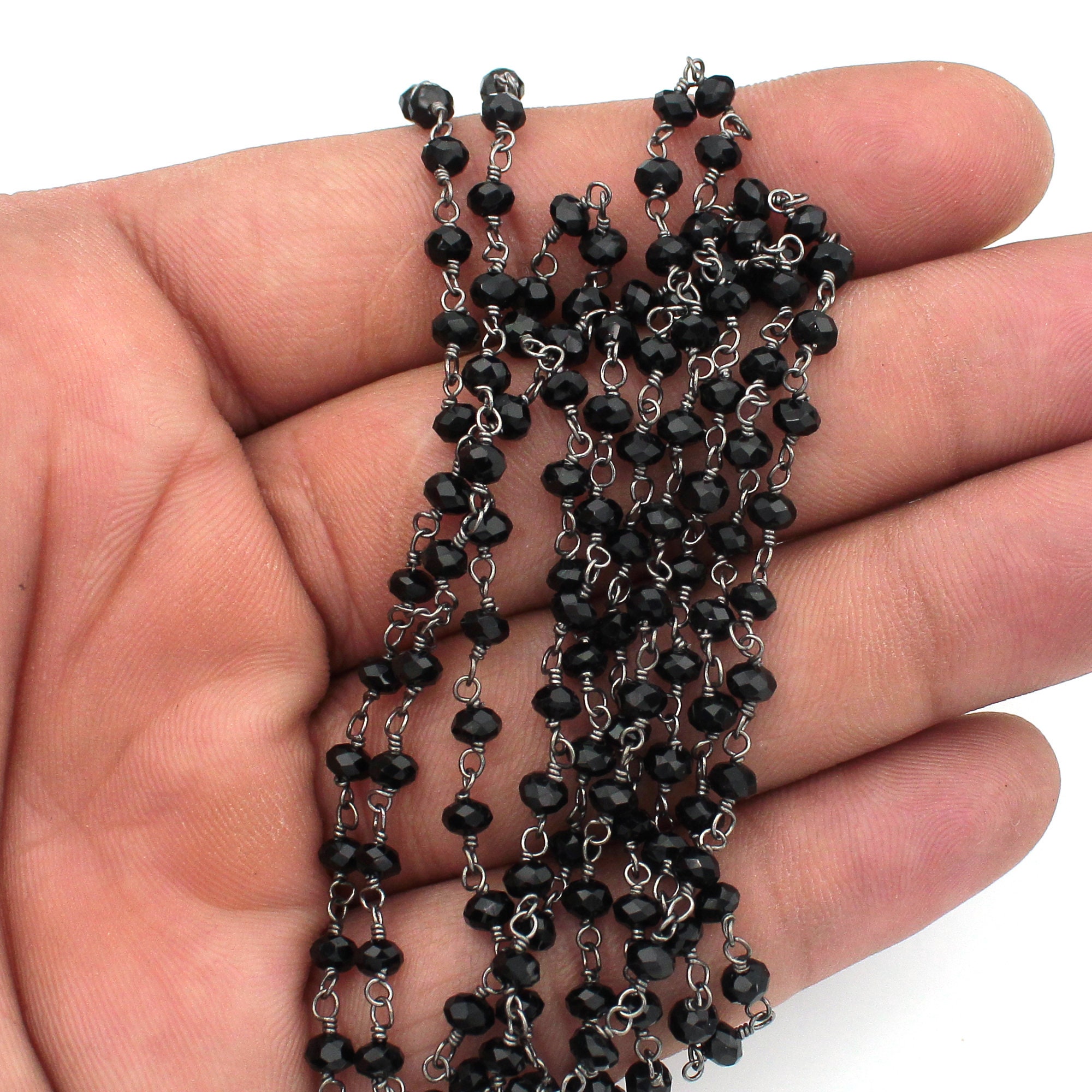 Black Onyx Hydro Rondelle Faceted, Rosary Beaded Chain, 3mm, Black Plated Wire Wrapped Chain, Finding Chain, Bulk Roll, Craft Tools Jewelry