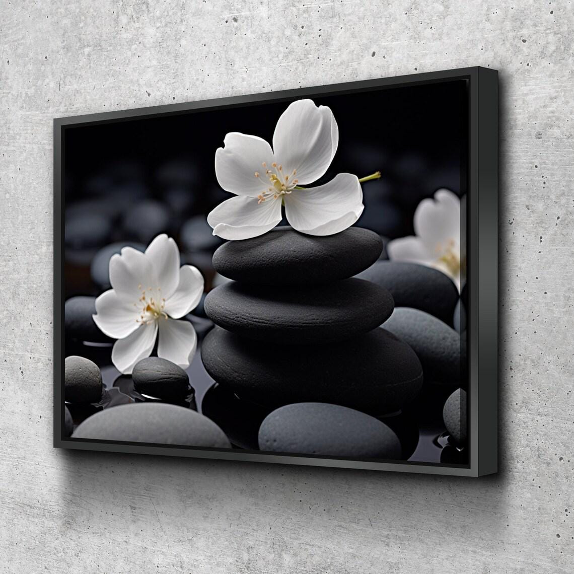 Decorazioni da parete per bagno con pietre zen floreali e spa nere / Decorazioni da parete per bagno Stampe su tela per bagno Decorazioni da parete su