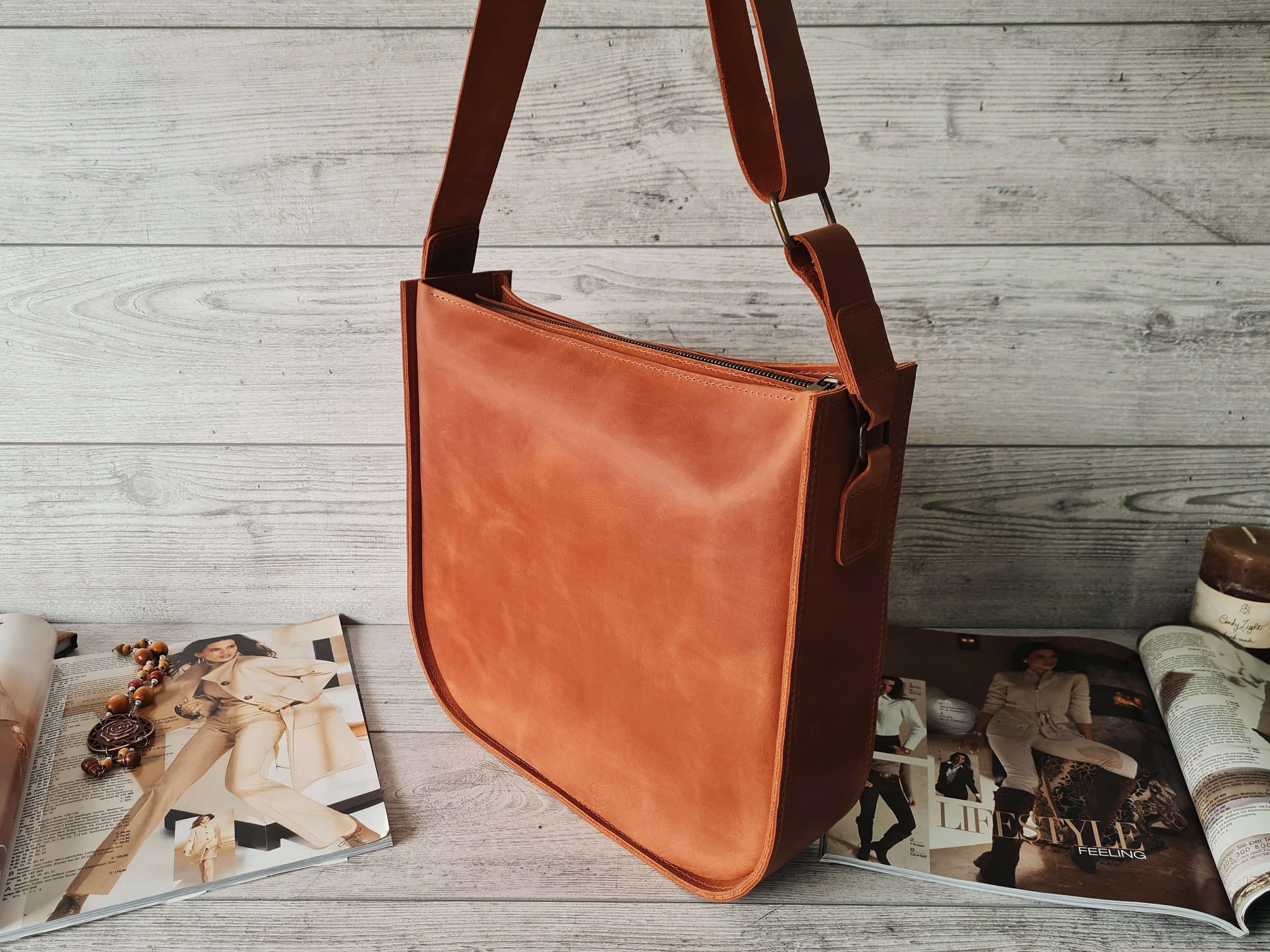 Borsa a tracolla in pelle, borsa tote in pelle per donna, borsa in pelle marrone, borsa in pelle marrone chiaro, borsa a tracolla fatta a mano, regali