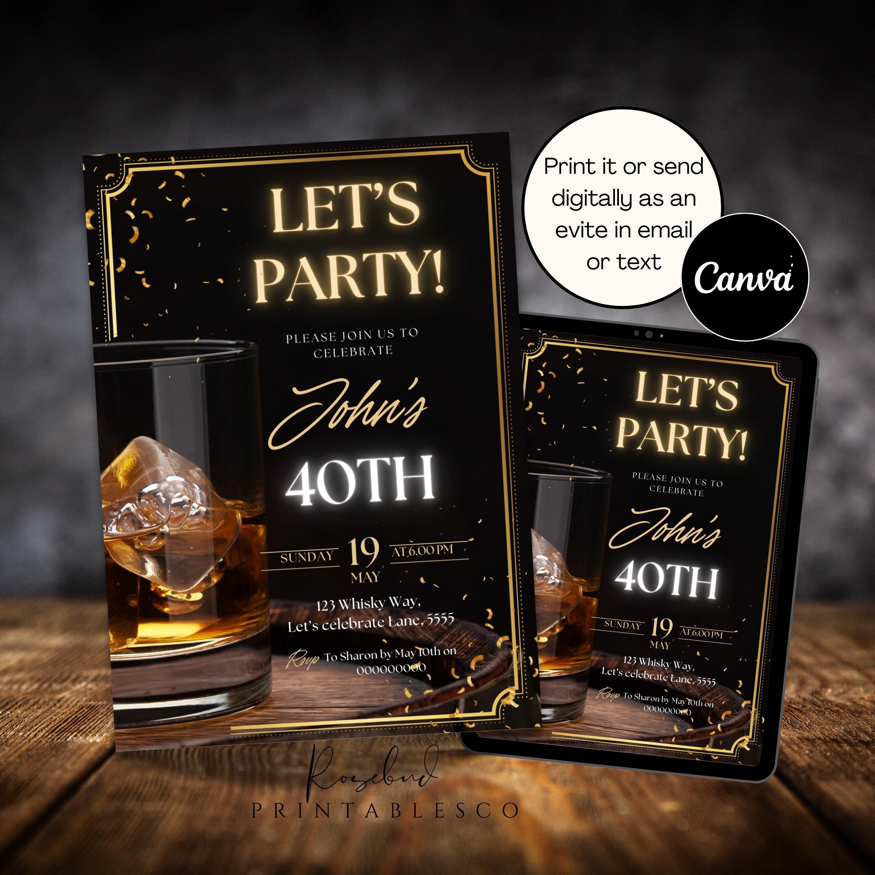 Invito di compleanno a tema whisky, invito di compleanno per uomini adulti, invito per 30, 40 e 50 anni, invito per qualsiasi età, invito per festa a