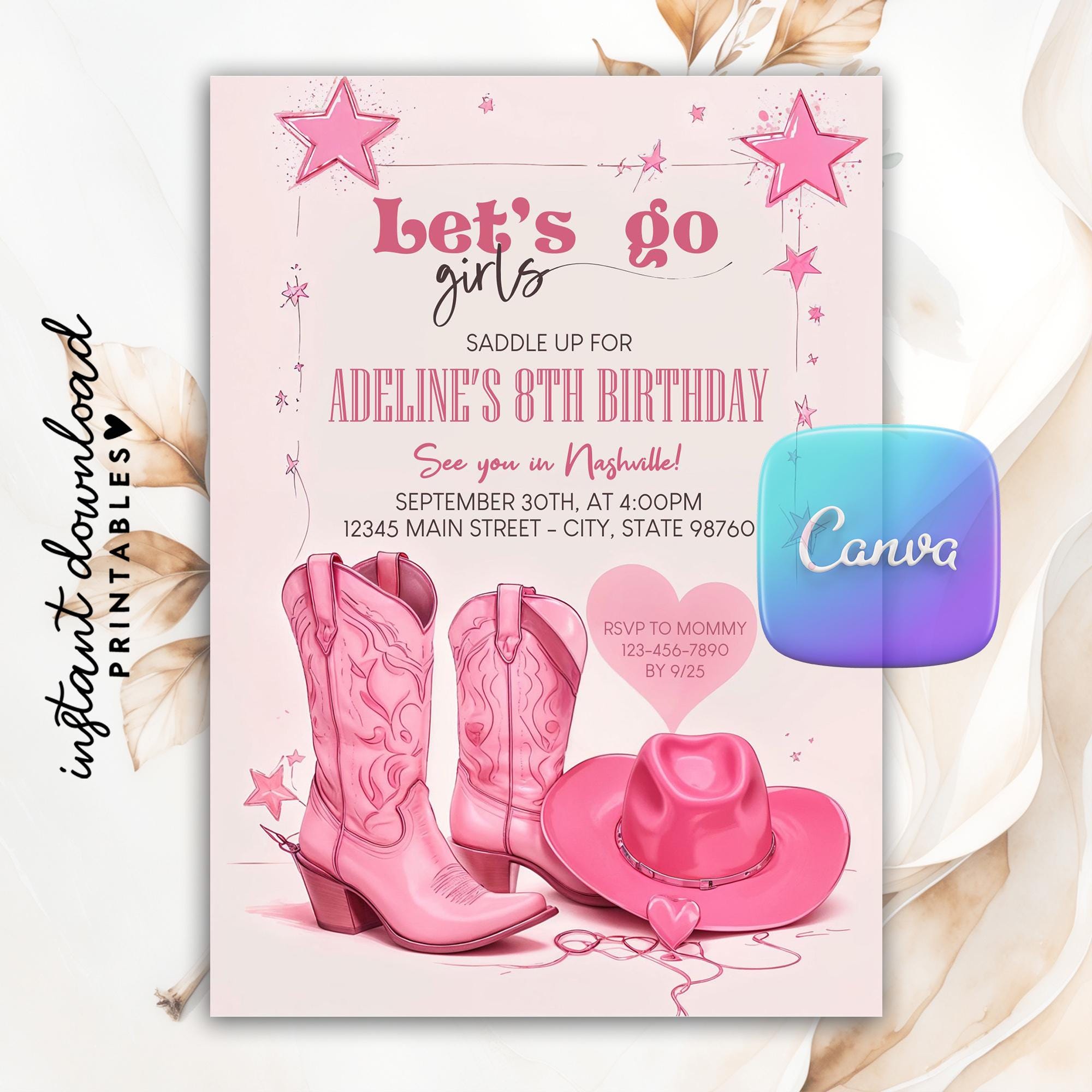 "Modello di invito di compleanno \"Let's Go Girls\", modello di invito per festa di compleanno \"Rodeo Western\" in stile \"Rodeo Western\", \"Let's Go Girls\""