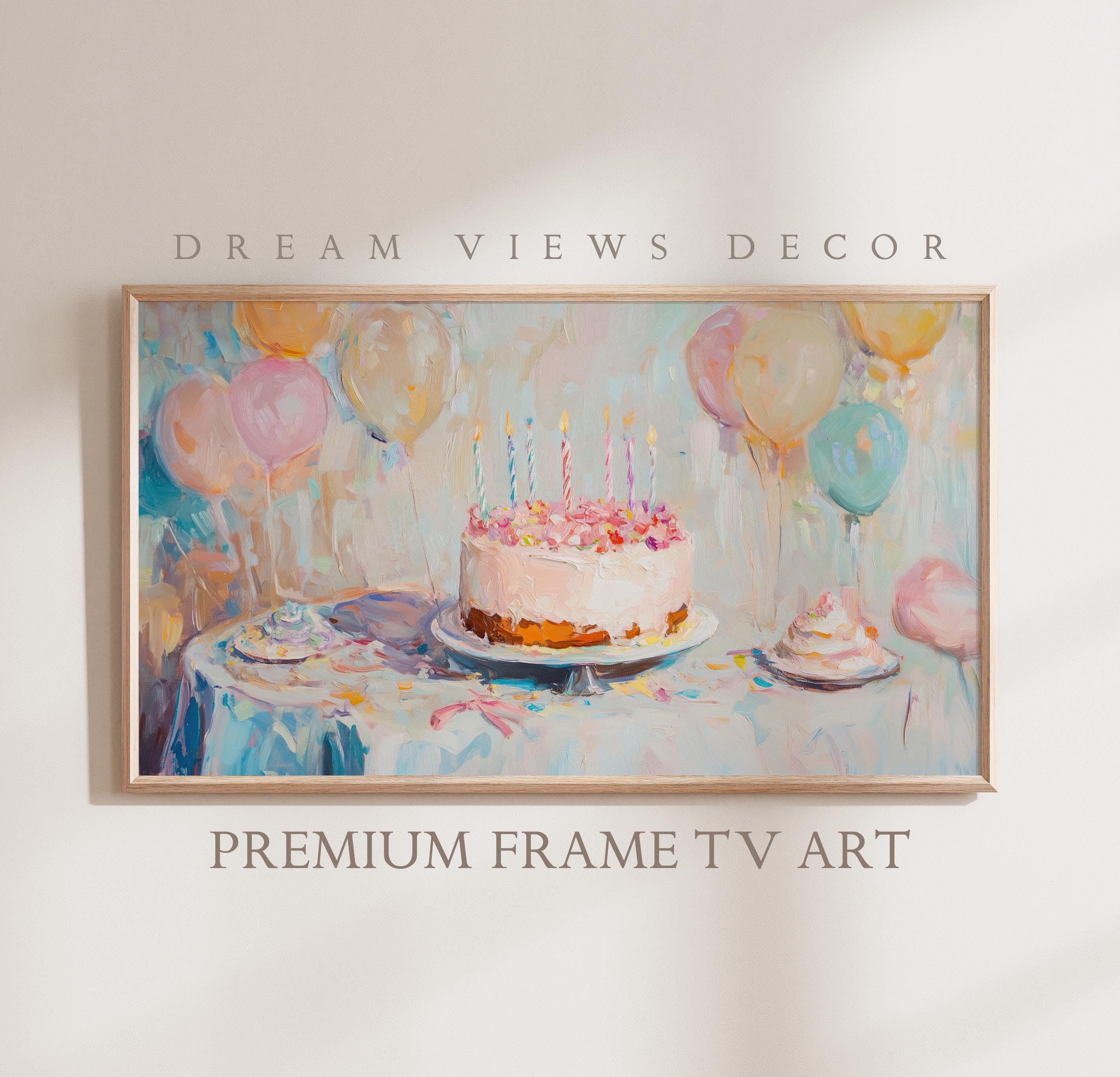 Cornice TV Art per Samsung Cornice TV Festa di compleanno Cornice TV Art Palloncini Torta di compleanno Arte TV Neutra Acquerello Cornice TV Art Decor