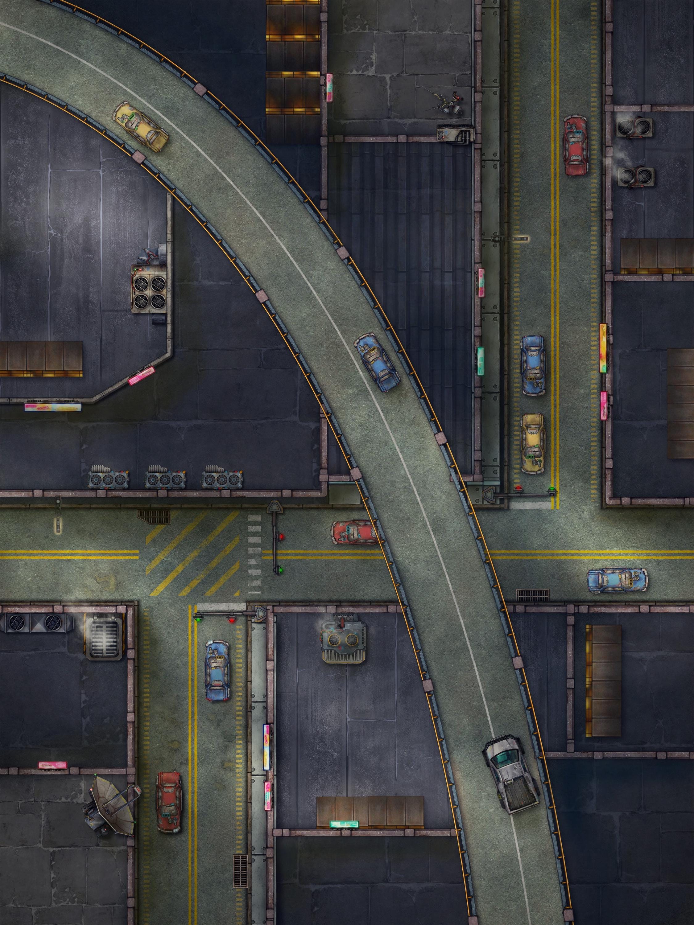 Mappa di battaglia della città moderna, strade cittadine, mappa DnD, mappa TTRPG, cyberpunk, D&D, mappa RPG, Shadowrun, Roll20, Foundry, VTT, mappa di