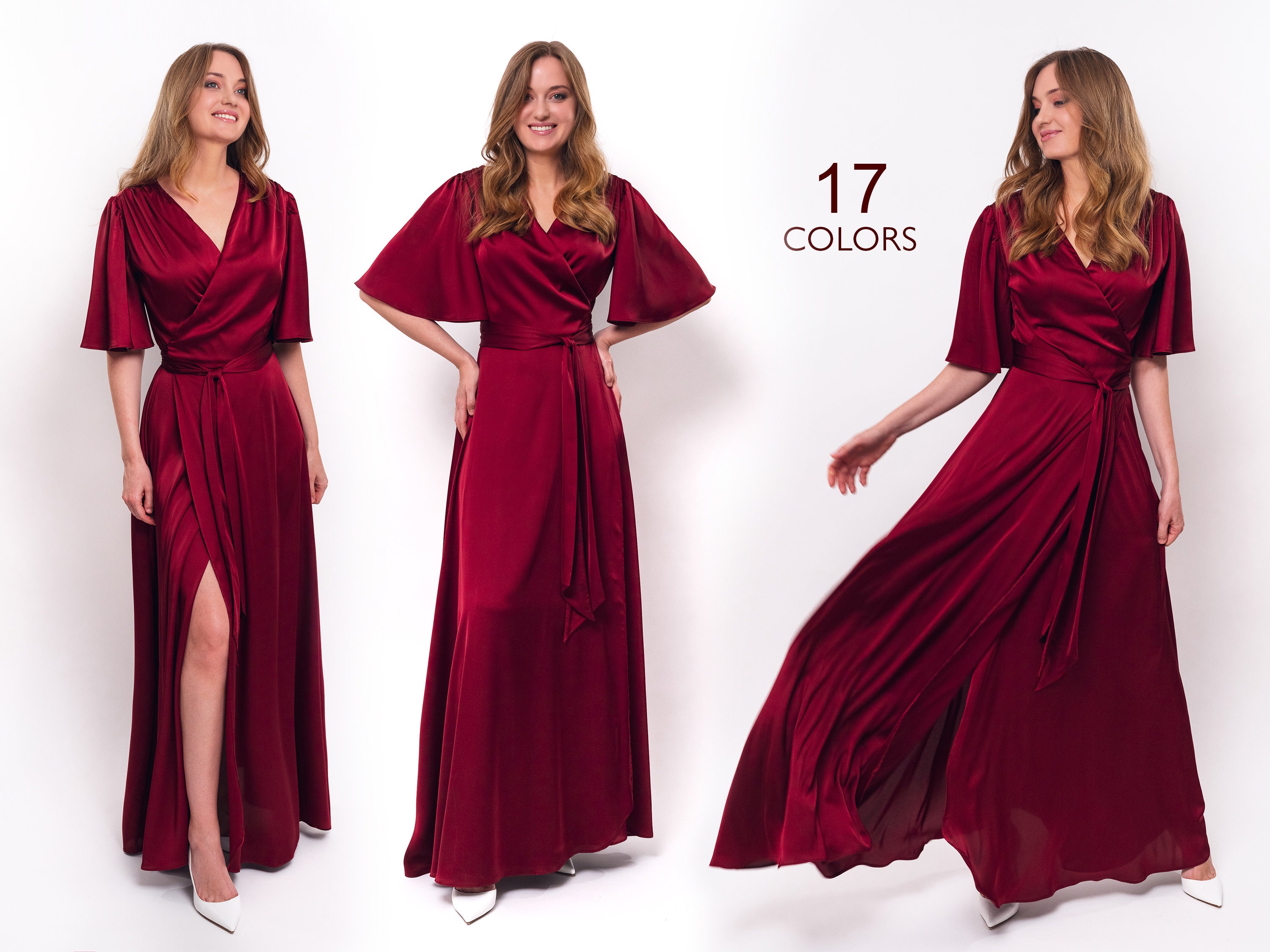 Abito bordeaux, abito di seta, abito avvolgente, abito da damigella d'onore, abito da invitata a nozze, abito da donna, abito lungo, abito da sera, ab