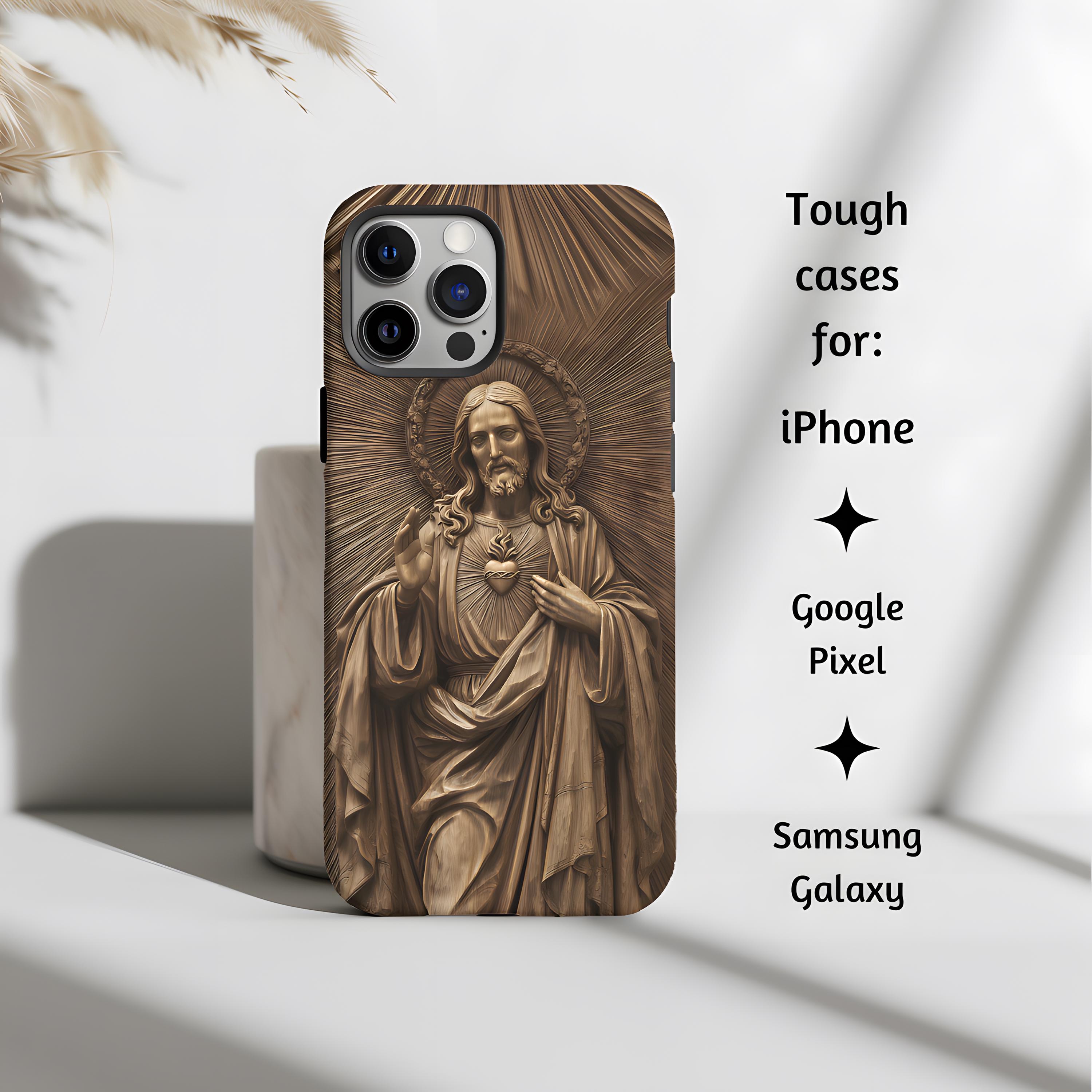 Custodia rigida per telefono cattolico Sacro Cuore di Gesù, custodia regalo in stile rilievo 3D con Gesù Cristo Divina Misericordia, per iPhone, Googl
