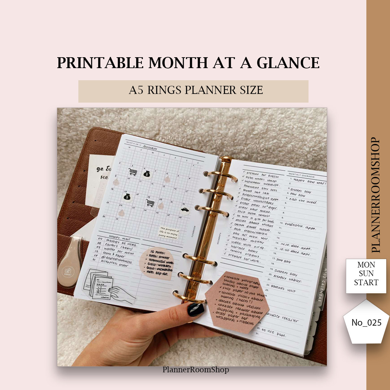 Panoramica mensile, Mese su 2 pagine, Dimensione pianificatore anelli A5, Inserti calendario mensile, Stampabile mensilmente non datato, 025