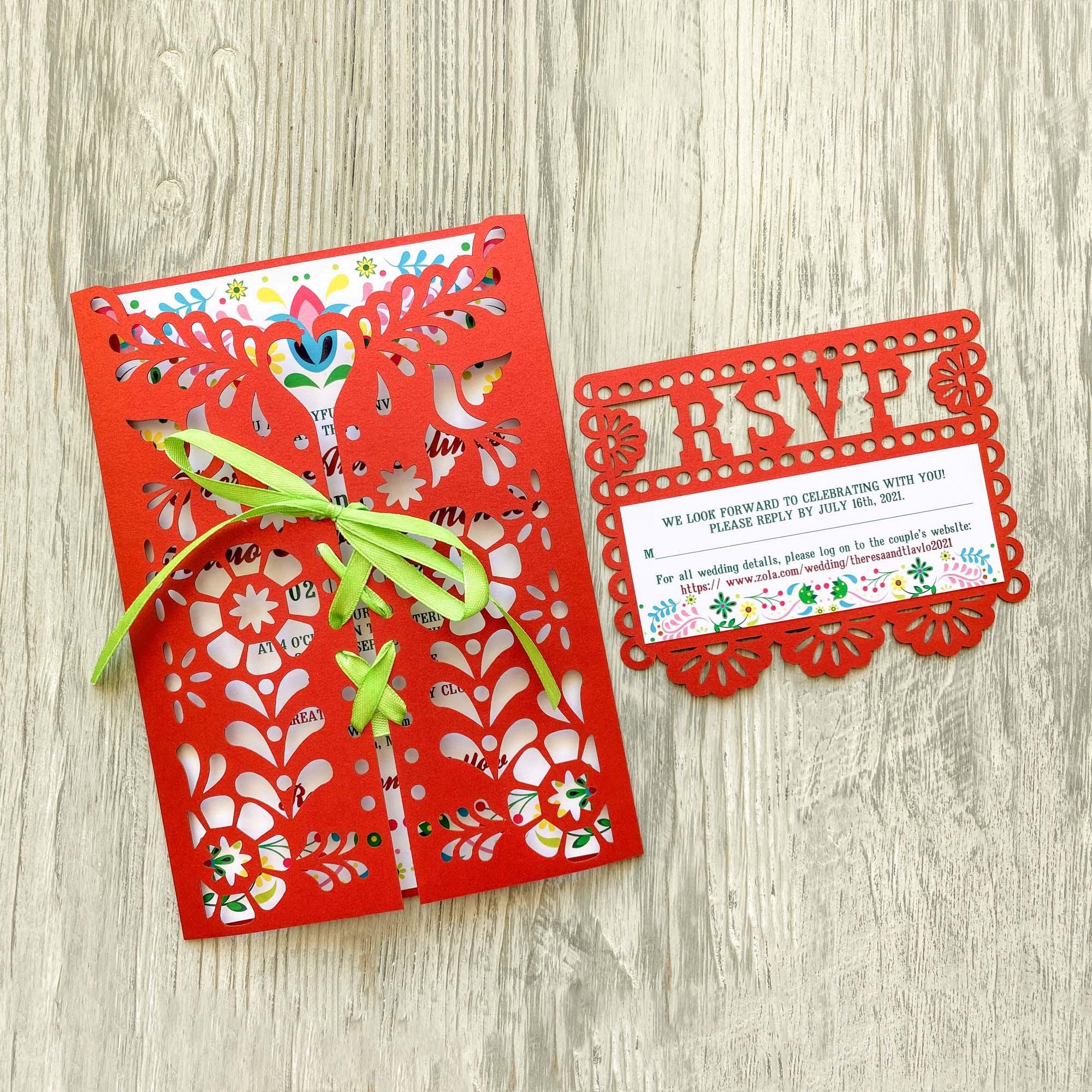Modello di invito di nozze in formato SVG con papel picado messicano, pieghevole 5x7 con biglietto RSVP, invito monogramma fiesta Cricut, cameo in car