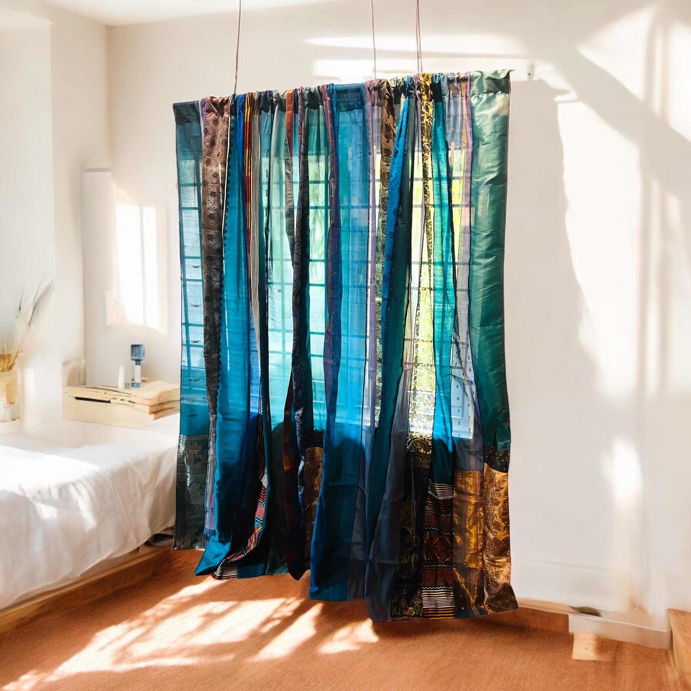 Tende da sari boho blu, tende da sari riciclate fatte a mano con strisce da sari, tende da finestra e porta trasparenti hippie, decorazioni per la cas