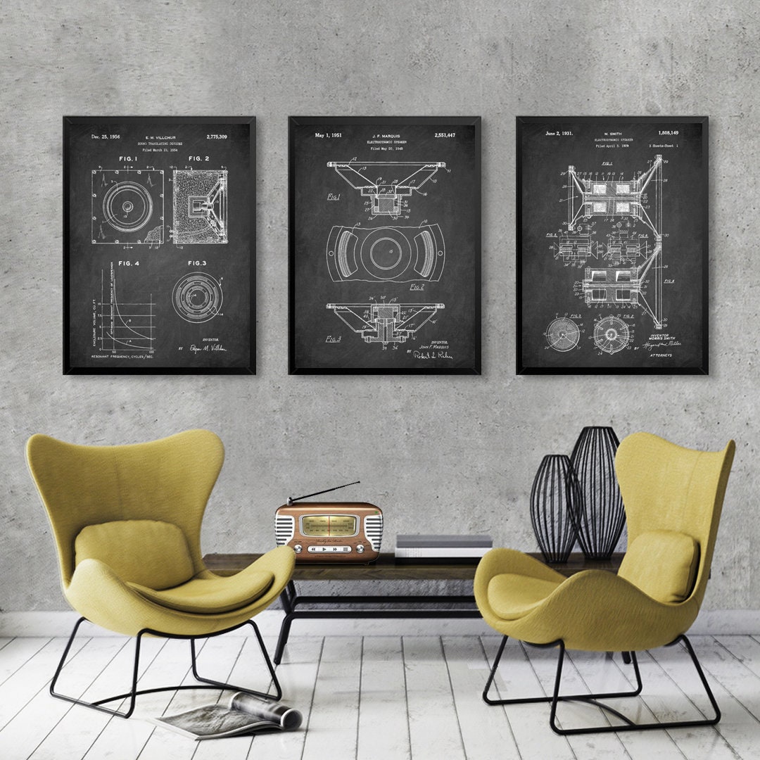 Set di 3 poster con brevetti SPEAKER vintage, stampa di brevetti per altoparlanti elettrodinamici, stampa di brevetti per dispositivi di traduzione de