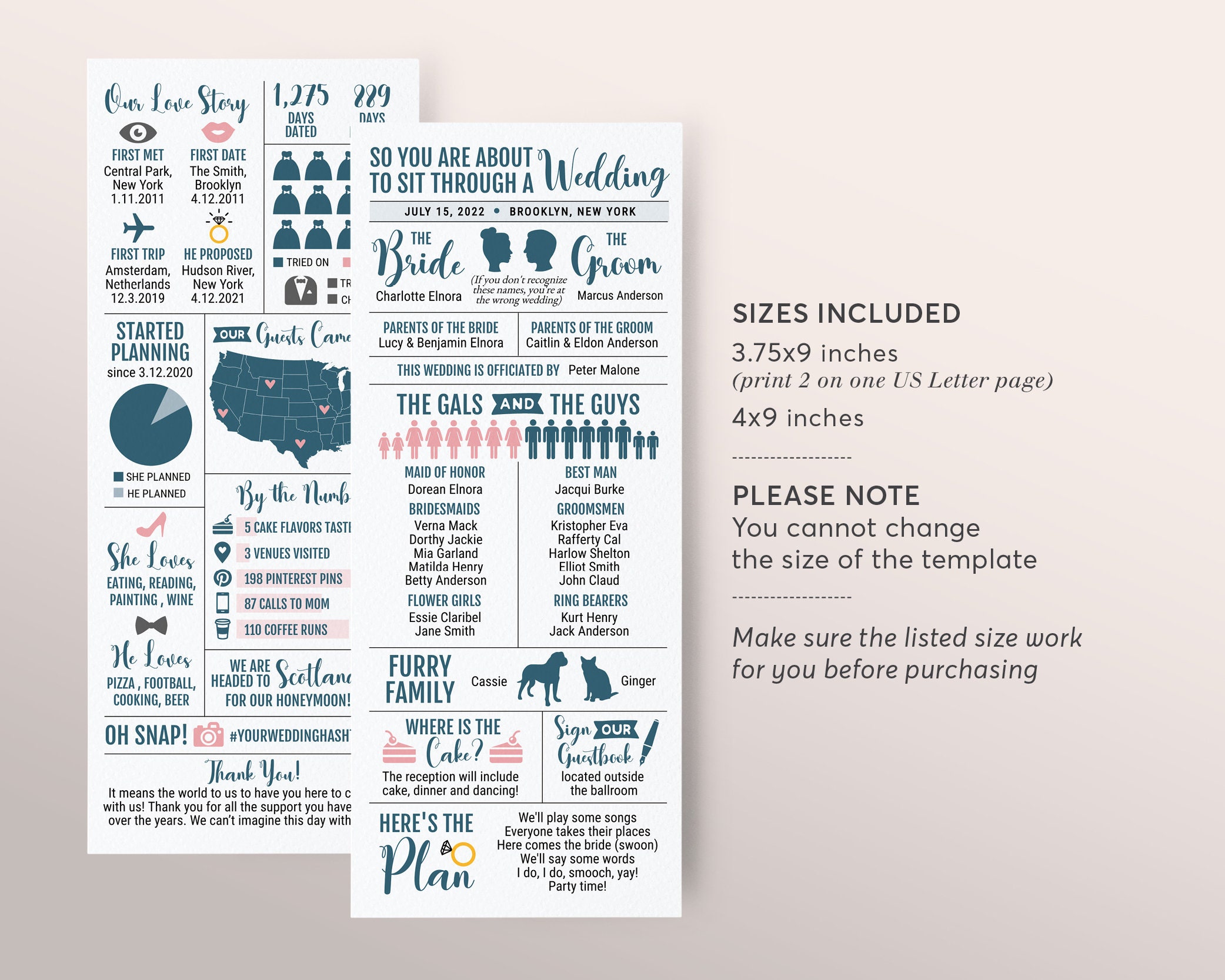 Modello modificabile di programma di nozze infografico, programma di ricevimento lungo, programma di matrimonio divertente stampabile, programma di ce