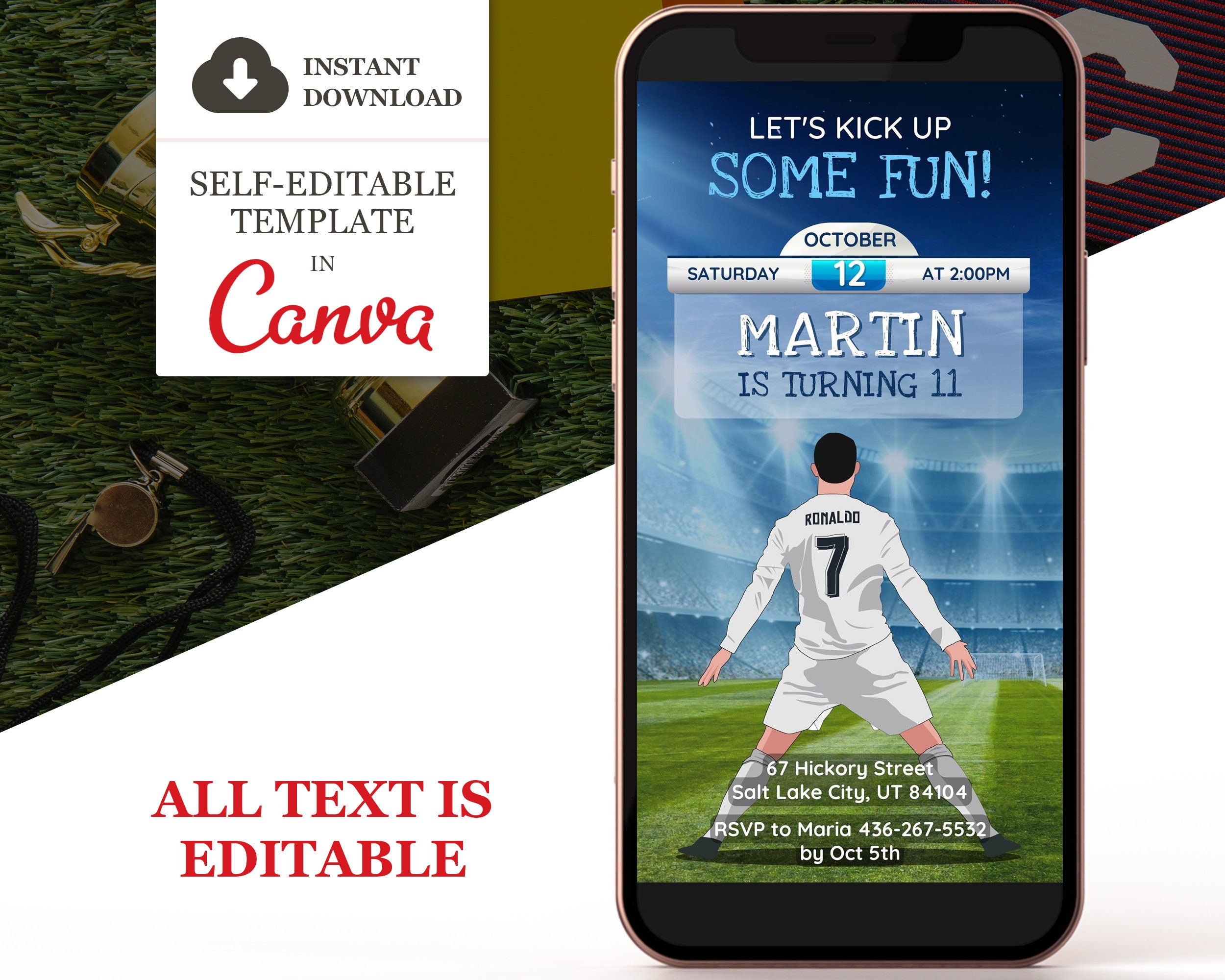 Invito di compleanno a tema calcio, invito digitale per festa a tema calcio, invito a tema calcio, modello modificabile Canva per il calcio, invito te