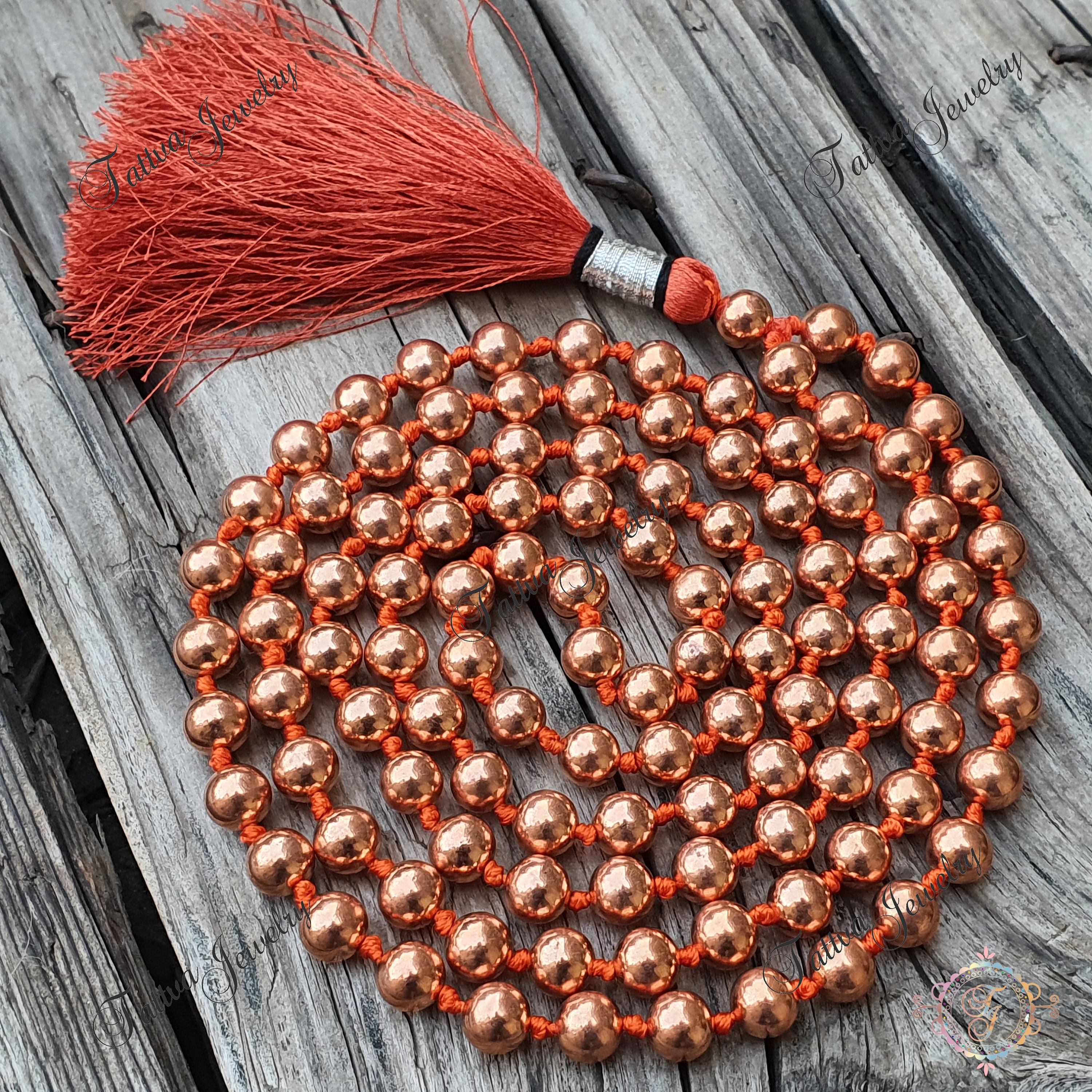 Mala con perline di rame massiccio da 6 mm e 8 mm, Mala con 108 perline, Mala in rame al 100%, Collana con perline di rame, Mala con 108 perline di ra