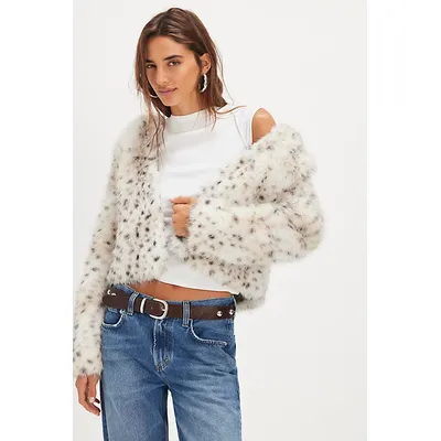 Louder Please Hooded Faux Fur Jacket at Free People in Snow Leopard, Size: Small