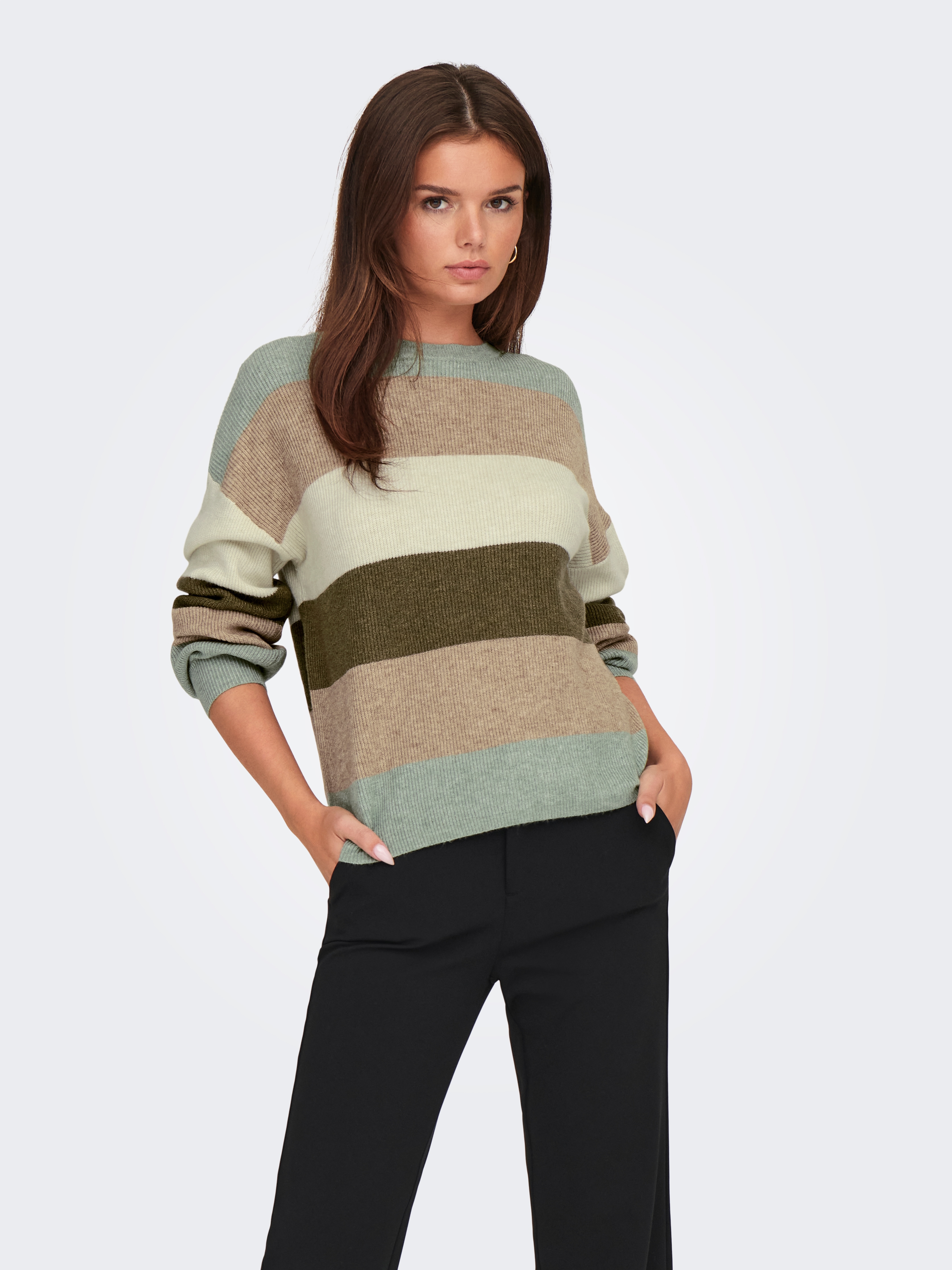 Strickpullover ONLY "ONLATIA L/S STRIPE PULLOVER KNT NOOS", Damen, Gr. XL, grün (hedge grün stripes:with toasted coconut, pumice stone, breen), Strick, Obermaterial: 50% Viskose, 27% Nylon, 23% Polyester, gestreift, regular fit normal, Rundhals,...