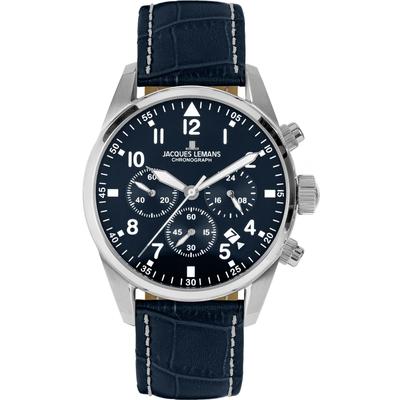 Chronograph JACQUES LEMANS "Barcelona", blau (dunkelblau), Armbanduhren, Herren, Quarzuhr, Armbanduhr, Herrenuhr, Datum, Stoppfunktion, Lederarmband Image