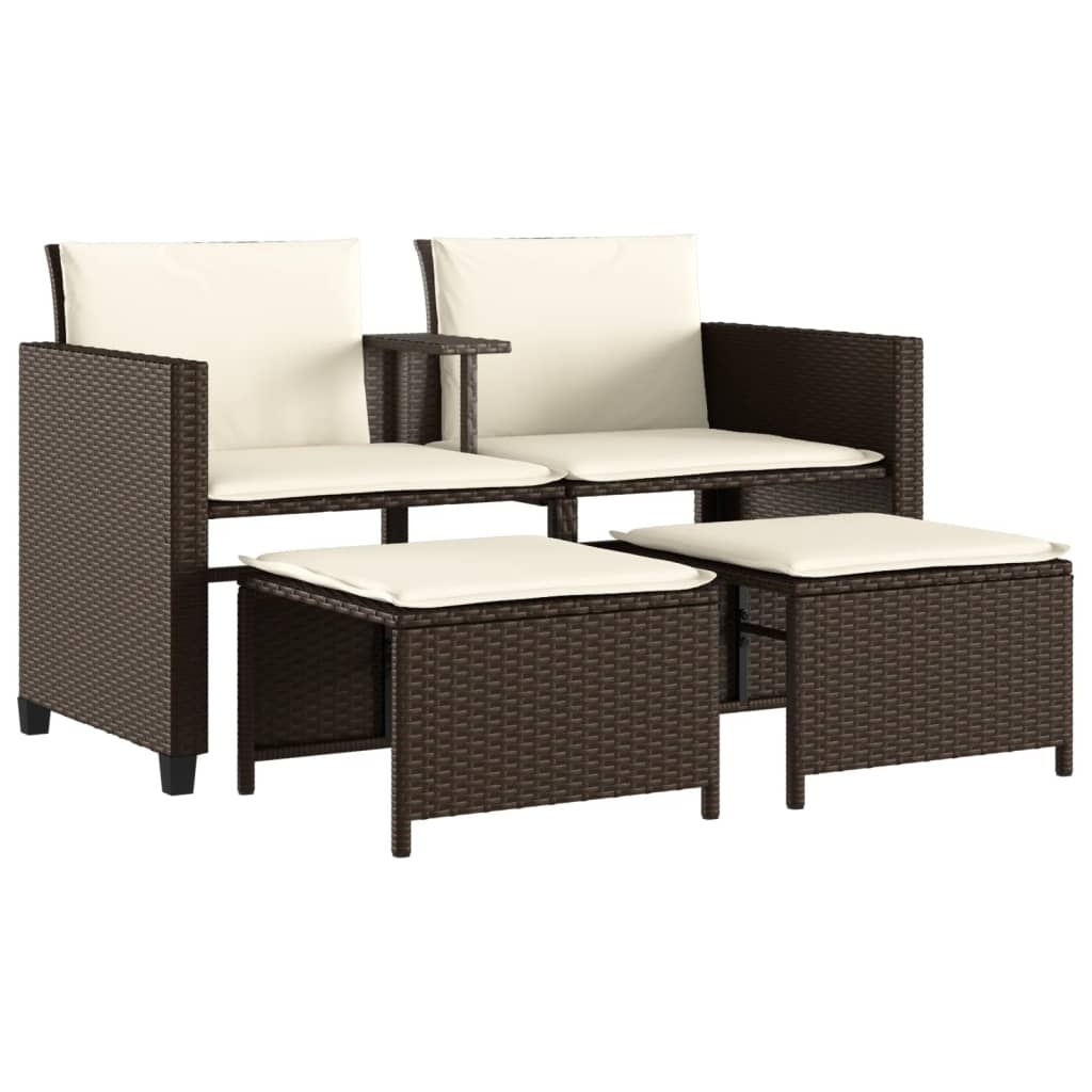 vidaXL Gartensofa 2-Sitzer mit Tisch und Hockern Braun Poly Rattan Image