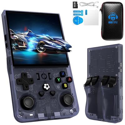 Upgraded R36MAX Handheld Game Console - Dual-Action Joystick USB Charging Rechargeable Lithium Battery Includes 64GB Card Black Carrying Case Perfect for Gaming on the Go Portable Gaming Console