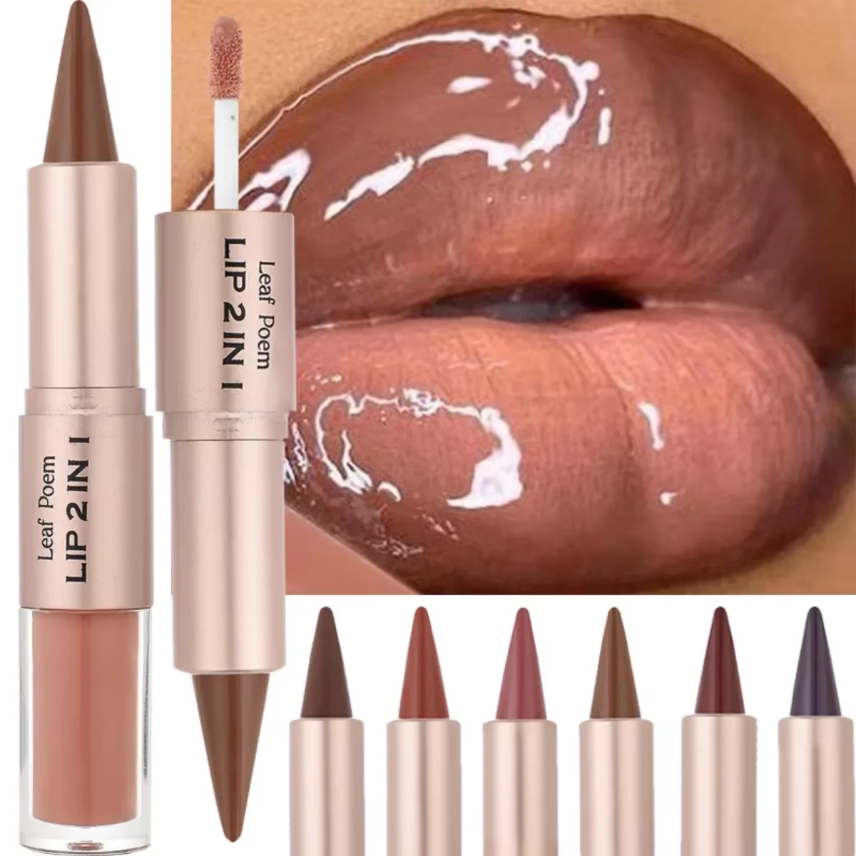 2IN1 Tapered Gradient Lipliner Pen Nude Brown Mirror Glass Lip Gloss Matte Lip Liner Waterproof Lip Contour Non Stick Makeup Image
