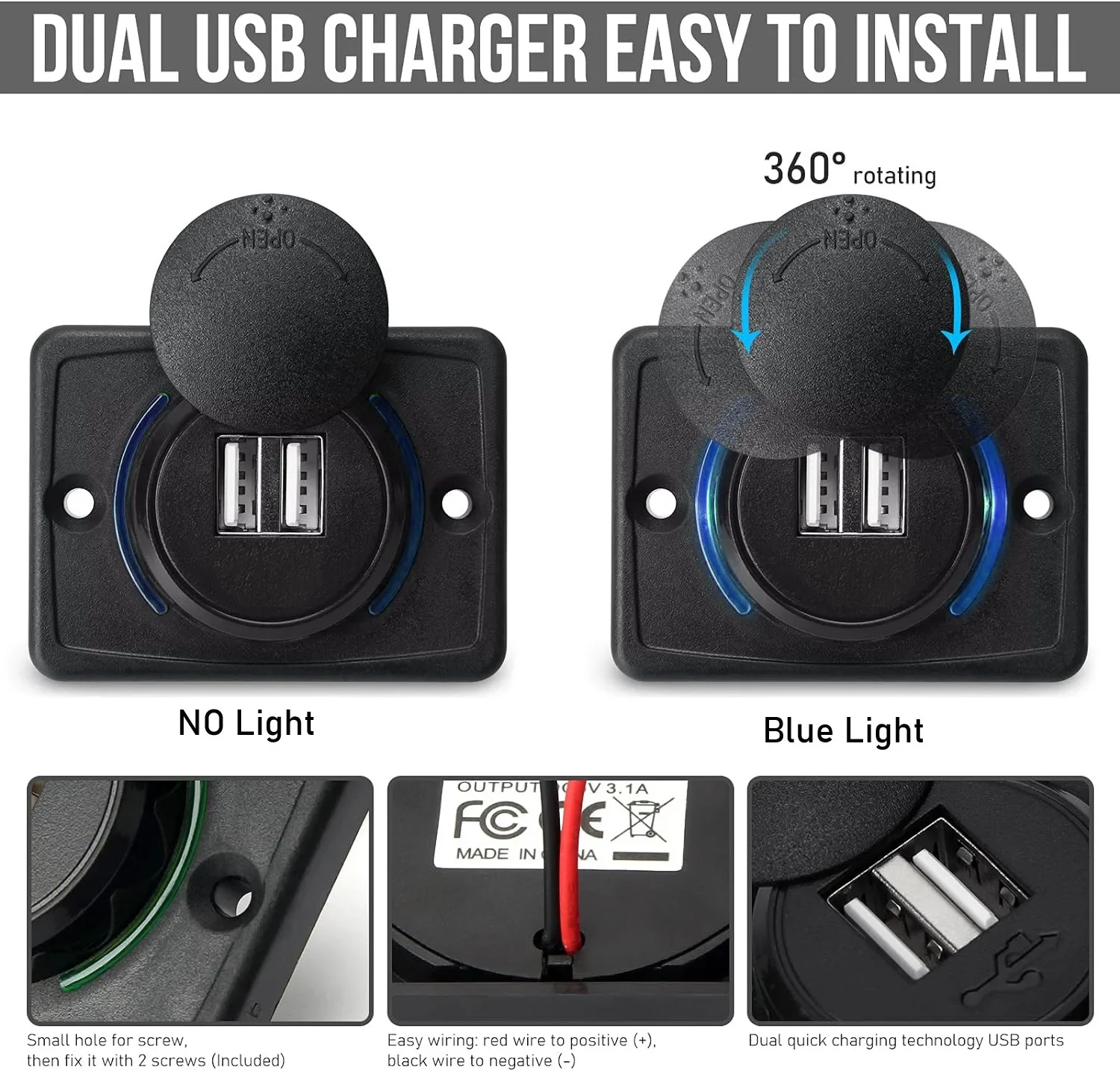 Dual-USB-Autoladegerät-Buchse, Schnellladung mit Schiebekappe und LED-Licht, 12 V/24 V, Schnellladegerät, Steckdose für Auto, Boot, Bus, Wohnmobil Image