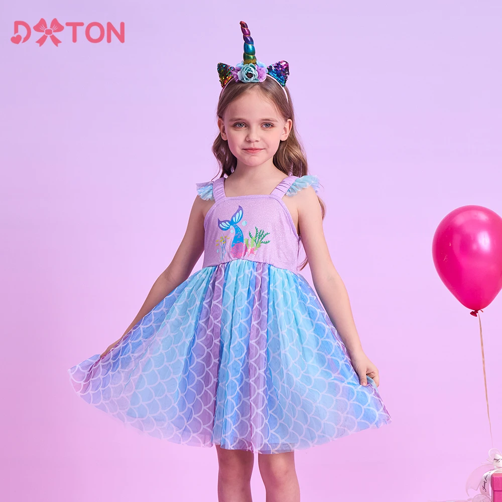 DXTON Neue Mädchen Sommer Kleid Sling Rüschen Kinder Prinzessin Kleid Meerjungfrau Seestern Muster Geburtstag Hochzeit Kinder Casual Kleid Image