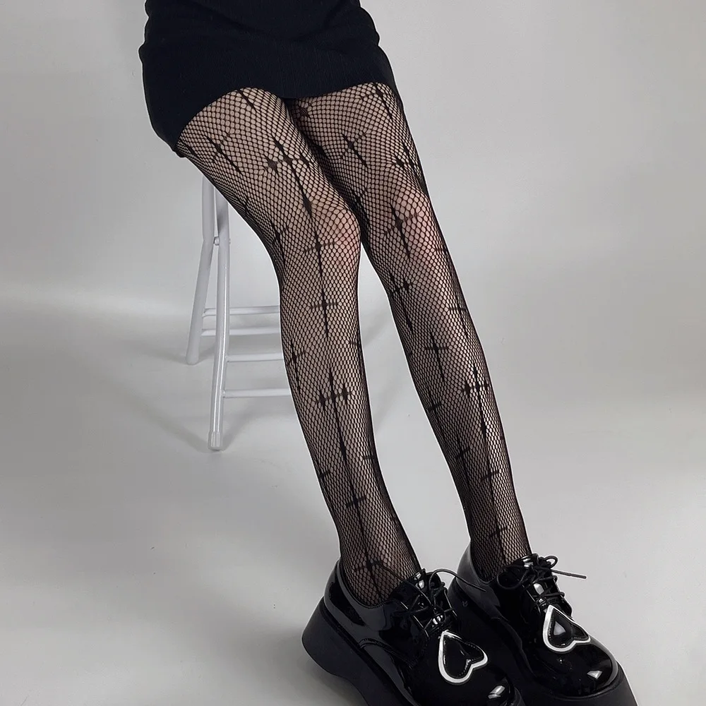 Sexy schwarze Netzstrümpfe für Frauen, aushöhlen, Netzstrumpfhose, Gothic-Spitze, transparent, lange Strumpfhosen, Damenmode-Accessoire Image