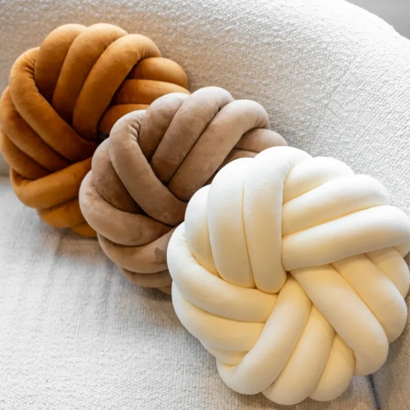 Cremefarbenes Kaffee-Knoten-Kissenball-großes dekoratives Kissen aus Samt, rundes geknotetes Kissen für Zuhause, Schlafzimmer, Couch, Dekoration, Büro Image