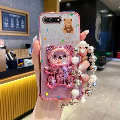 Pearl Strap Lanyard Glitter Strap Bear Phone Holder Case On For iPhone 8 Plus 7 6 6s Plus Se 2020 7plus 8plus Anti-knock Cover