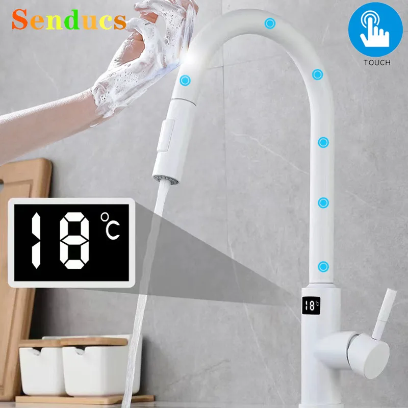 Robinets de cuisine tactiles numériques intelligents avec mitigeur d'évier de cuisine chaud et froid extractible, robinet de cuisine numérique tactile à capteur blanc