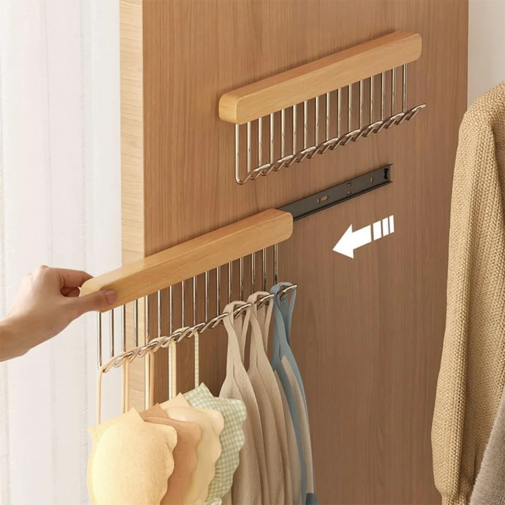 Wandmontierter Kleiderständer aus Holz mit Teleskop-Kleiderständer, multifunktionales BH-Aufbewahrungsregal mit 8-Haken, platzsparender Kleiderschrankstange