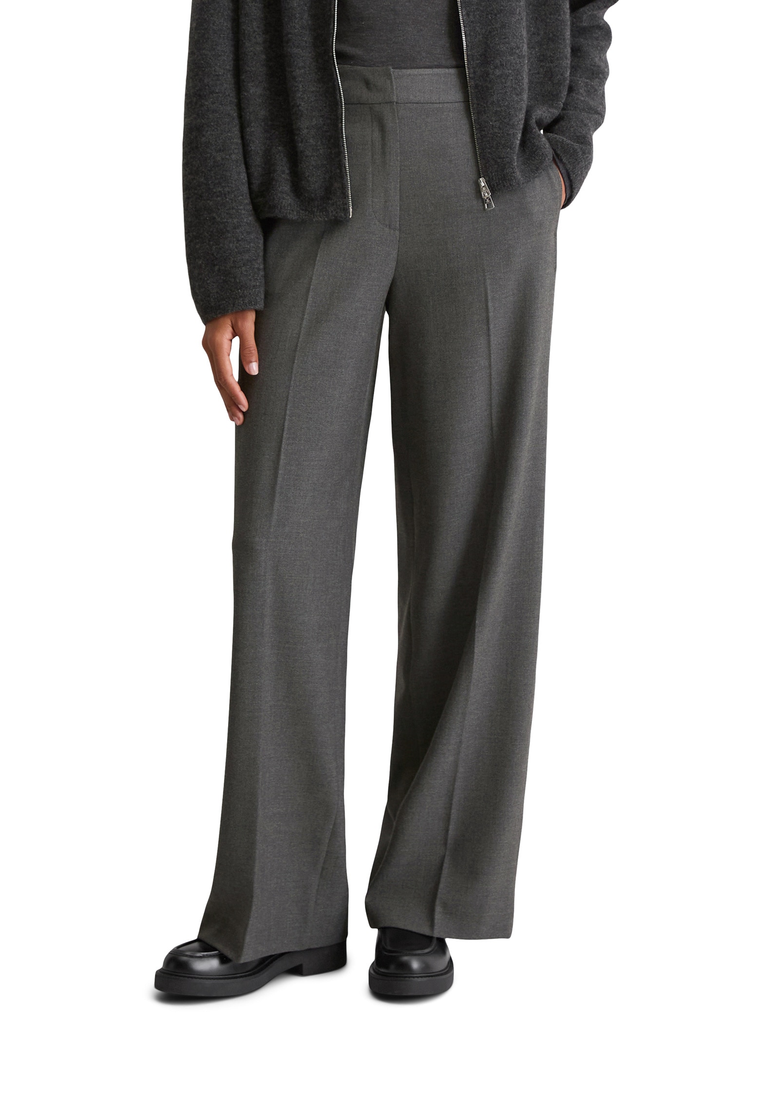 Chinohose MARC O'POLO "aus weichem Flanell", Damen, Gr. 42, Normalgrößen, medium grau, Obermaterial: 63% Polyester, 34% Viskose, 3% Elasthan, unifarben, normal kurz, Hosen Chinohose