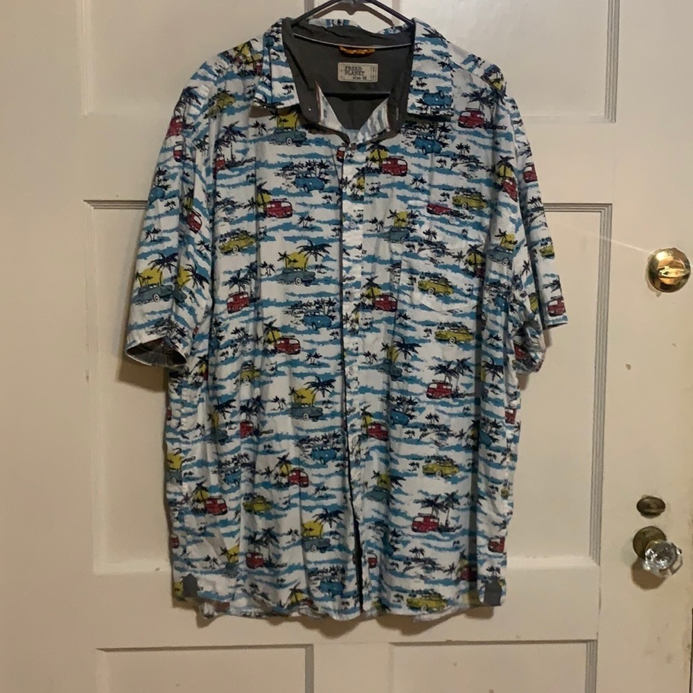 Free People Shirts | Free Planet 100% Cotton Size 4x Button Down Short Sleeve Surf Shirt Beach Ocean | Color: Blue/Yellow | Size: 4x