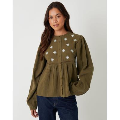 Khaki Green Crinkle Texture Cotton Embroidered Button Up Blouse