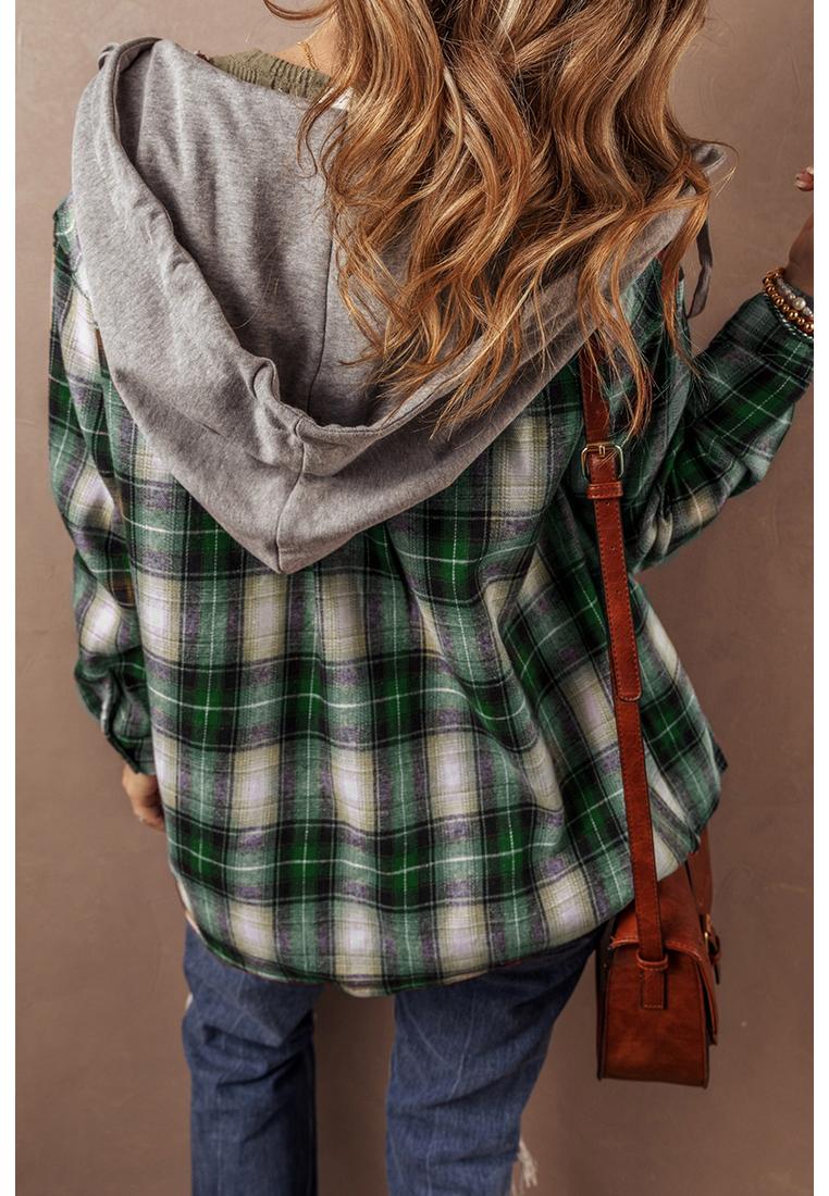 Azura Exchange Damen Karo Button-Up Hemd mit Kapuze in Grün Image