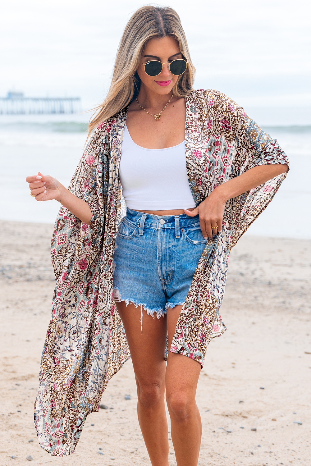 Aprikosen-Muster Kurz weit geschnittene Ärmel Offene Front Lockere Kimono Image