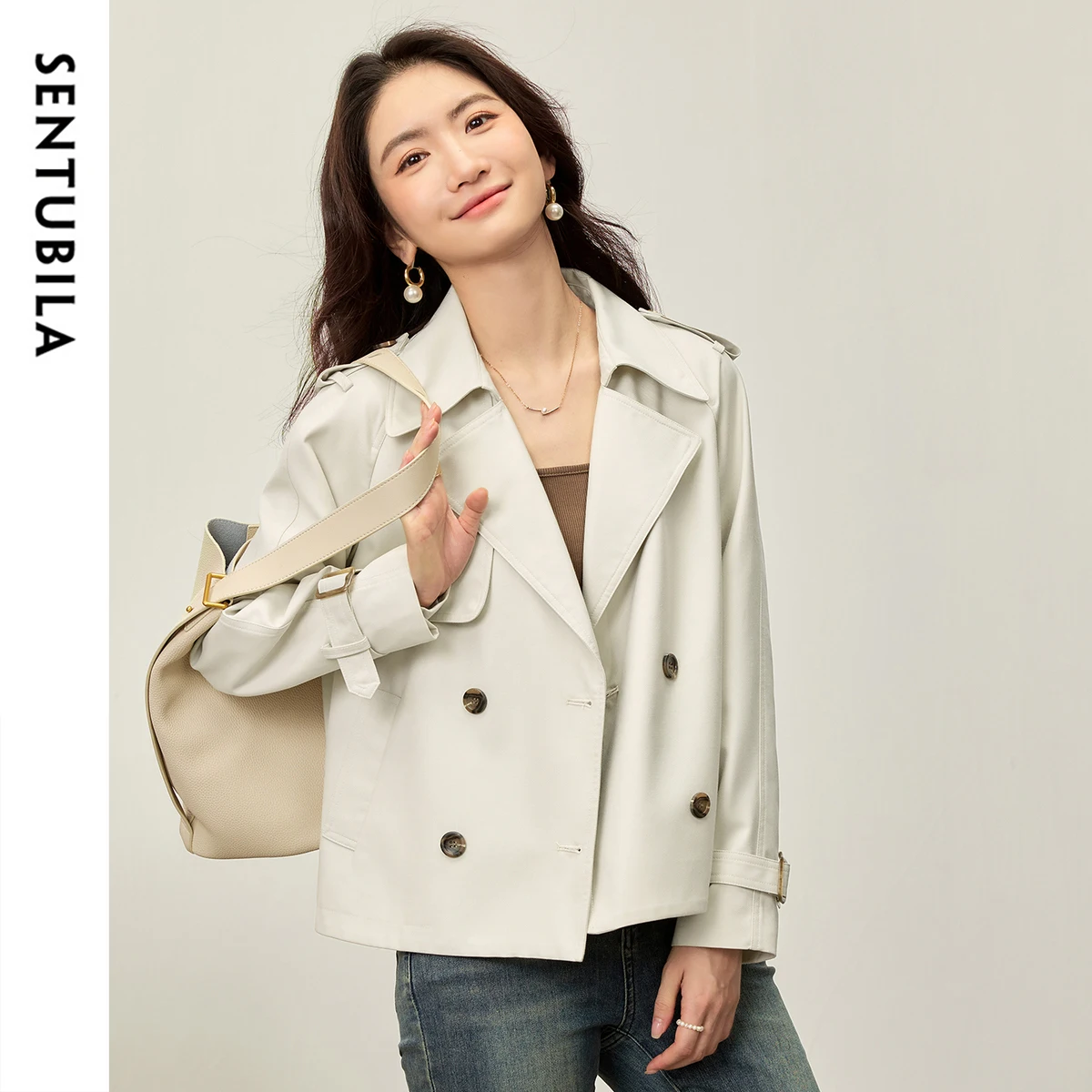 SENTUBILA Damen Cropped Trenchcoat Frühling Herbst Zweireihige Oberbekleidung Verstellbare Ärmelklappe 2026 Kurze Jacke W53FB2569 Image