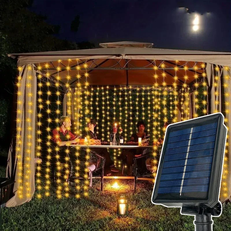 Solar Curtain Light Outdoor Waterproof Solar Fairy Garland String Lights Garden Yard Pavilion Wedding Party Holiday Decor Lights