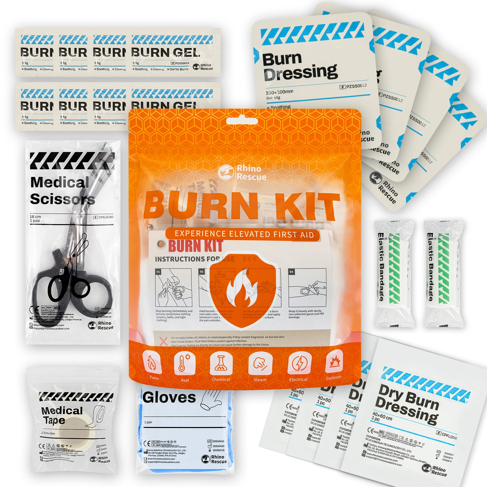 RHINO RESCUE Burn Kit, 4 Stück Burn Dressings 4x4", 8 Stück Burn Gel Packets 3,5 g, 4 Stück Burn Pads, Erste-Hilfe-Set, kühlende, beruhigende Crea Image