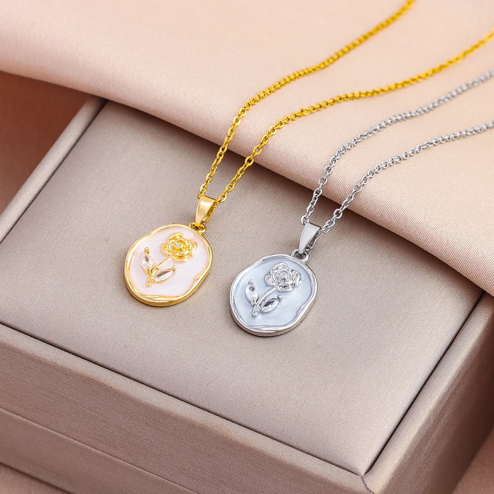 Top Luxus 18K Gold Überzogene Elegante Retro Oval Rose Anhänger Halsketten Für Frauen Weibliche Edelstahl Hals Kette Schmuck geschenk