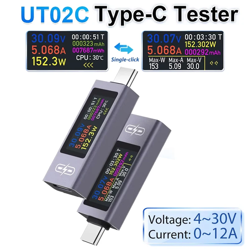 UT02C USB Farbbildschirm Typ-C Tester DC4-30V 12A Spannung Amperemeter Spannung Strom Leistungsmesser Schnellladetest CPU Temp Monitor Image