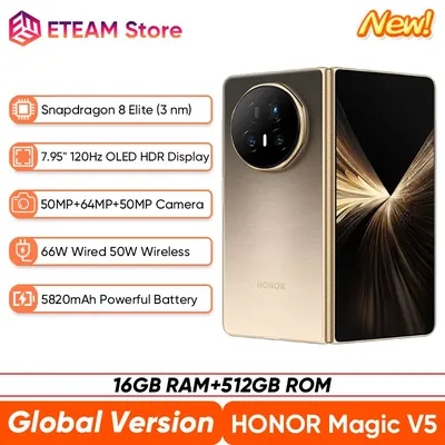 New Global Version HONOR Magic V5 5G Foldable SmartPhone 7.95" OLED HDR 120Hz Screen Snapdragon 8 Elite 5820mAh Battery NFC eSIM
