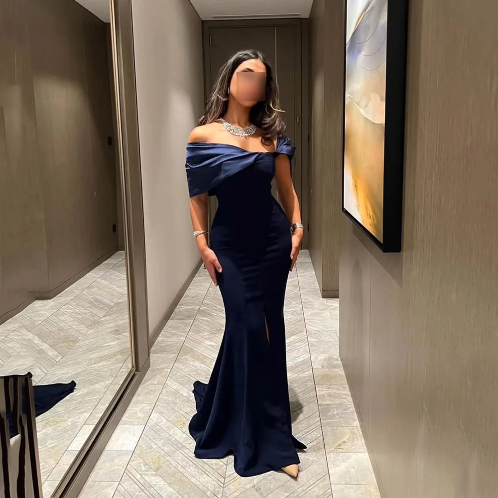 Msikoods Marineblaues Meerjungfrau-Abschlussballkleid, luxuriös, schulterfrei, sexy Schlitz, arabische Abendkleider, elegantes Nacht-Partykleid, individuell gestaltet Image
