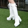 Gothic Plattform Hohe Stiefel für Frauen Sexy Schnalle Schwarz Weiß Winter Kniehohe Stiefel Weibliche Block Heels Party Schuhe Damen