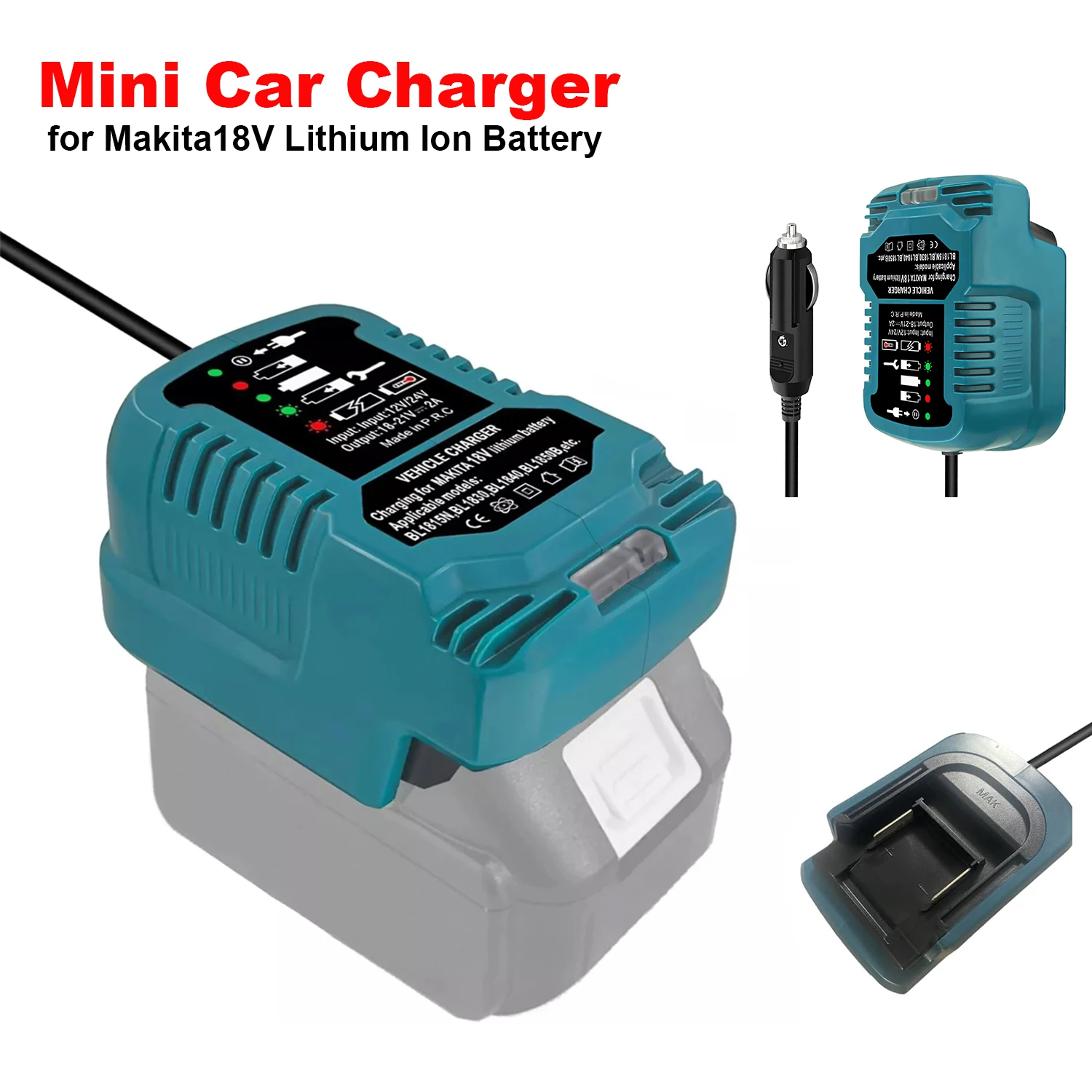 NEUE Für Makita Mini Compact Auto Ladegerät 18V LXT Batterie BL1860 BL1830 DC 12V/24V Li-Ion batterie Zigarette Leichter Stecker mit LED Image