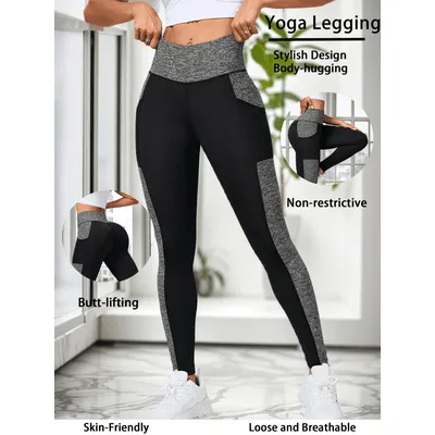 High-Waisted Yoga Pants For Women Color Block Side Pockets Gym Leggings Casual Tight Pants