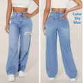 2025 Jeans a gamba larga a vita alta strappati lavati. Nuovi jeans da donna lunghi fino al pavimento casual alla moda e versatili Four Seasons